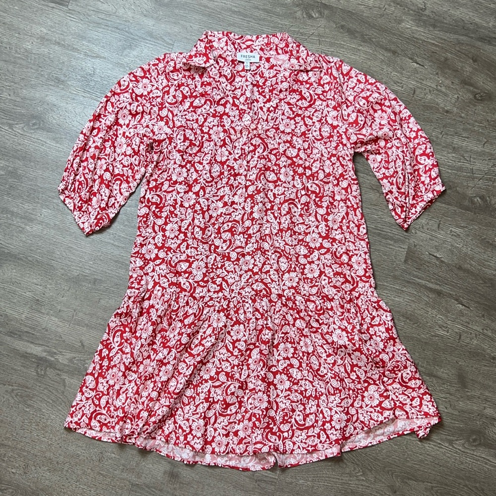 Fresha London Red White Floral‎ Print V-neck Dress